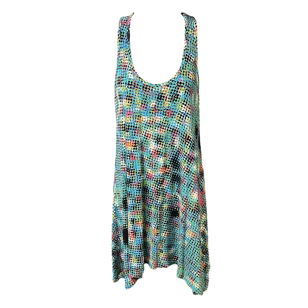 CAbi Tunic Top S‎ Multicolor Asymmetric Hem Geometric Sleeveless Stretch Bold